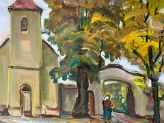 Church Autumn Kirchgang Painting Frame Sakralbau Antique 1950 Villiage Portal