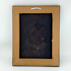 MCM 1965 Black Velvet Painting Child Big Eyes Elf Hat Mexico 12.5×16″