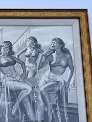 Antique Illustration Painting Boat Workers Gorgeous Women Pinup mid century