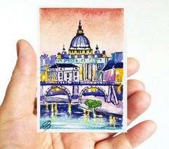 ACEO Original Art Rome Italy Watercolor Painting — Cityscape St Peters Basilica