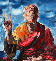 Original Lotus Monk Peace Sign Buddhism Abstract Impasto Painting Art 18″
