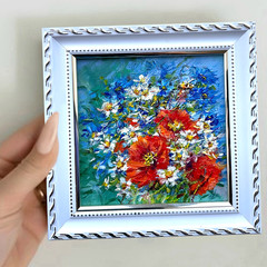 Original Red Poppies Oil Painting Impasto Art Wildflowers 4*4in OS