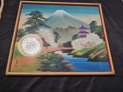 2 Vintage Chinese Waterfall Mountain Paintings on Silk Glass Bamboo Wood Frames