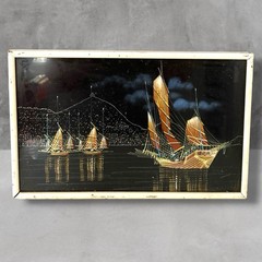 VINTAGE Silk PAINTING Hong Kong Harbour at Night SHIPS Boats 13×8.5