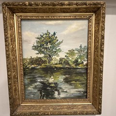 Antique Framed Nature Scene Blues And Greens