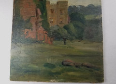 American School Philadelphia Oil Board Painting Castle Ruins Unsigned C. 1880