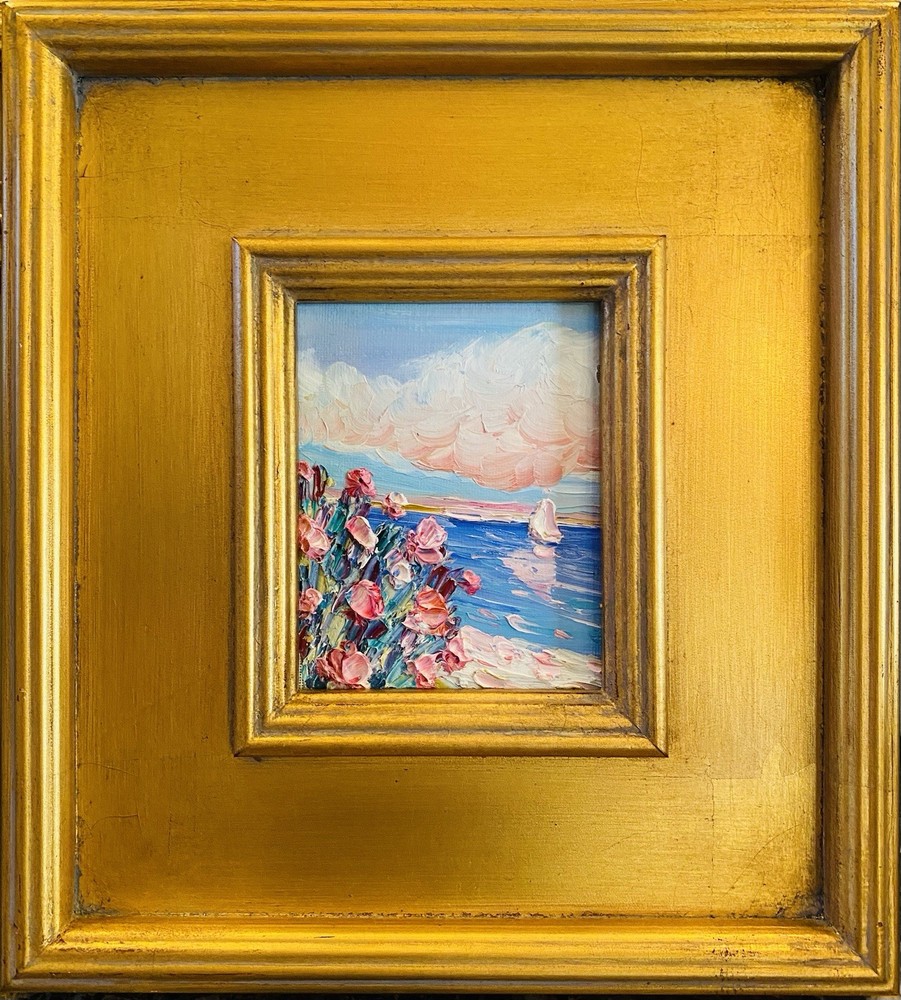 KADLIC Original Oil Painting Seascape Wildflowers Impasto Gold Gilt 12” Frame