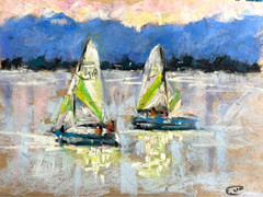 Original Pastel Painting, Sailing Coastal Scene, A4 Nautical Wall Art, Signed