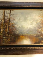Vintage oil on canvas serene autumn forest scene mountains pond signed J Medina