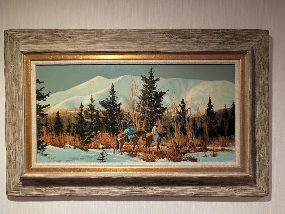 Framed Mark Ogle 1983 „Winter Base“ Oil on Masonite Cowboy Packhorse Western Art