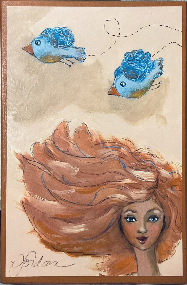 Original Painting Bluebirds Portrait Woman Redhead 8”x12” Artwork Acrylic Wood