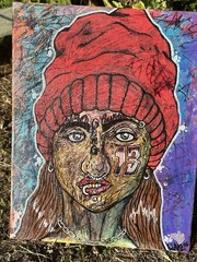 Original Abstract Painting Woman in Red Hat Beanie Acrylic Canvas