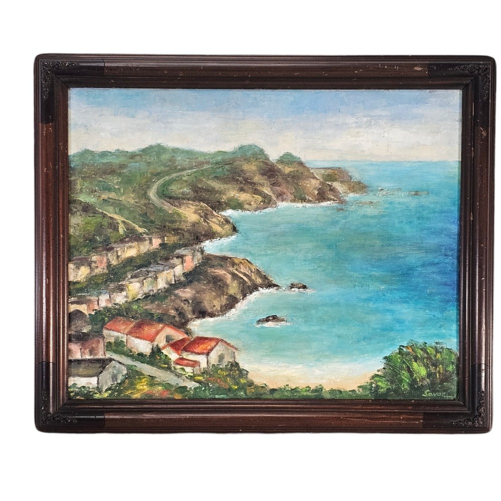 1950’s Mediterranian Oceanscape Beach Oil Painting Seascape 18.5″ x 23″
