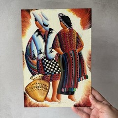 Vintage Guatemalan Folk Art Painting Mayan Figures Solola Wood Panel 11×8