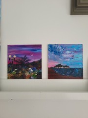 framed oil painting original montenegro sunset evening lights palm moon pink sky