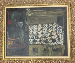 HERBERT KATZMAN THE TILE STOVE OIL CANVAS 1949 GILT FRAME NY GALLERY