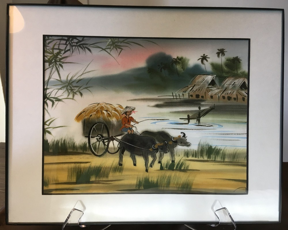Signed Silk Painting Southeast Asian Village Scene – Water Buffalo Cart – Framed