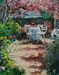 YARY DLUHOS Garden Patio Cafe Landscape Plants Flowers Original Art Oil Painting