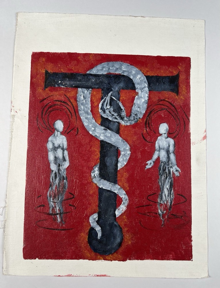 1990s Acrylic On Canvas Outsider Painting Snake Around Cross With Figures 16×12”