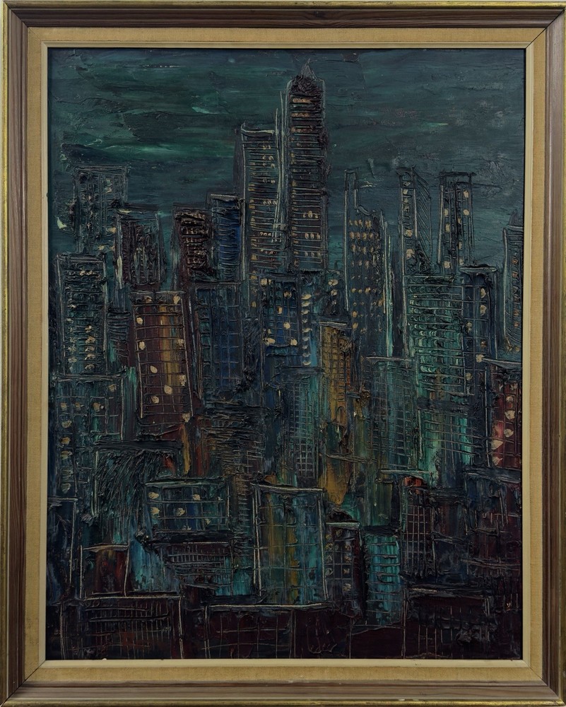 Vintage Expressionist Modernist Impasto Nocturne Cityscape, Signed