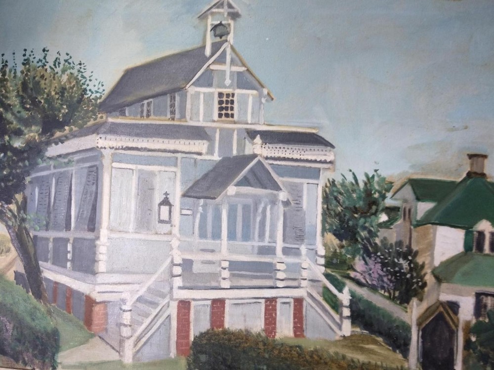 Vintage American Oil Painting Landscape Church Building Artist Signed Original