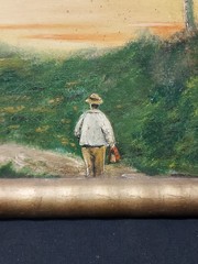 Antique Oil Painting Folk Art Country Scene Hunter Pointing ? Signed 12×6″