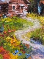 Original Oil Painting in Frame House Forest Hut Miniature 6x4in