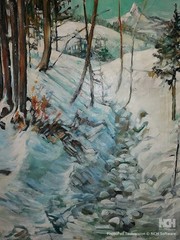 Magnificent Winter Landscape Oil Paint sign: ?. Barge or Rooster circa 1920/30?