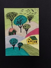 ACEO Original Painting Houses Landscape Art Card ATC Birds Flying Over Field