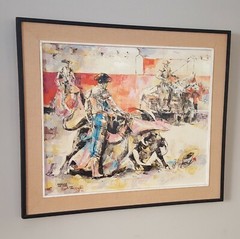 Vintage MCM Epifanio Ortega Oil On Canvas Painting Abstract Bullfighting Scene!
