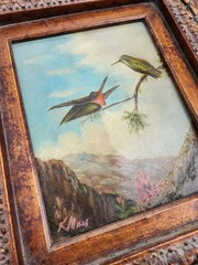 Original Signed K Mills Oil On Canvas Ruby Throated Hummingbirds Shadowbox Frame