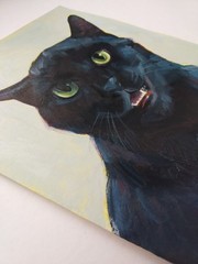 Black Cat Portrait with Green Eyes Oil Painting 8×8 inches