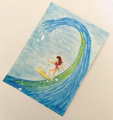 ACEO Ocean Girl Surfer Original Watercolor Surfing Board Sport Beach Wave Art