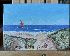 Original Seascape Acrylic Painting Signed by Theresa Sailboat Beach 2025