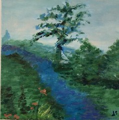 Castle Trees and creek Landscape Painting with Wildflowers