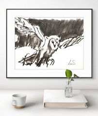 Original Abstract Expressionism 9X12 Flying Owl Charcoal Handmade Signed 11