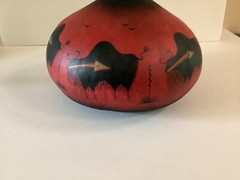 Robert Rivera Signed Hand Painted Gourd „Buffalos“ Red w/Turquoise Stones
