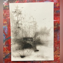 ORIGINAL Birds Landscape Painting Misty Forest Art Watercolor Artwork Monochrome