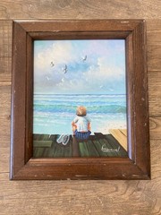 VTG Life At The Beach C. Manuel Artist Canvas Painting 12″ x 14″ Wooden Frame