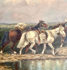 Painting Traveler with Horses Old World Style Vintage Art Oil on Canvas Signed