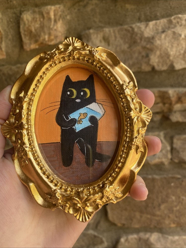 Black Cat And Fish Original Painting,4/5,framed,gold,miniature,small,mini,cute