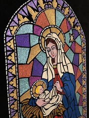 VTG Hand Painted Virgin Mary Baby Jesus Framed Velvet Painting Metallic Mosaic