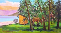 Original Oil painting on canvas , „Wood cabin by the lake“ , 35cmx65cm, Signed