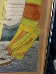 Vintage Watercolor Painting Sailboat Yacht Race on Seas Framed 16 x 12 inch