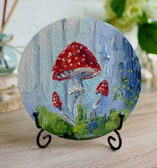 Toadstool Oil Painting 15cm Round Forest Landscape Painting on Painting Board