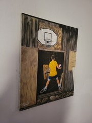Original Sports Painting Boy With Basketball Hoop Signed By Artist