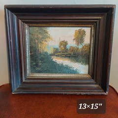 Vintage Signed R Weil Oil Painting Landscape Countryside Framed 13×15 Wood Frame