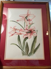 Vintage Watercolor Painting of Pink Lilies, Signed, Matted and Framed