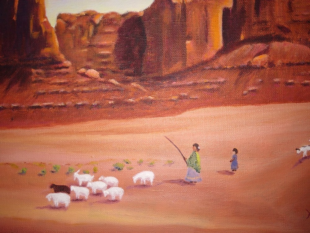 Original Oil On Canvas Desert Mesa Shepherdess, child, dog, flock. By Kari McKay