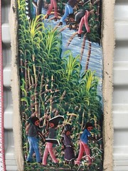 Original Haitian oil hand painting 6inx29in men working in feild harvesting food